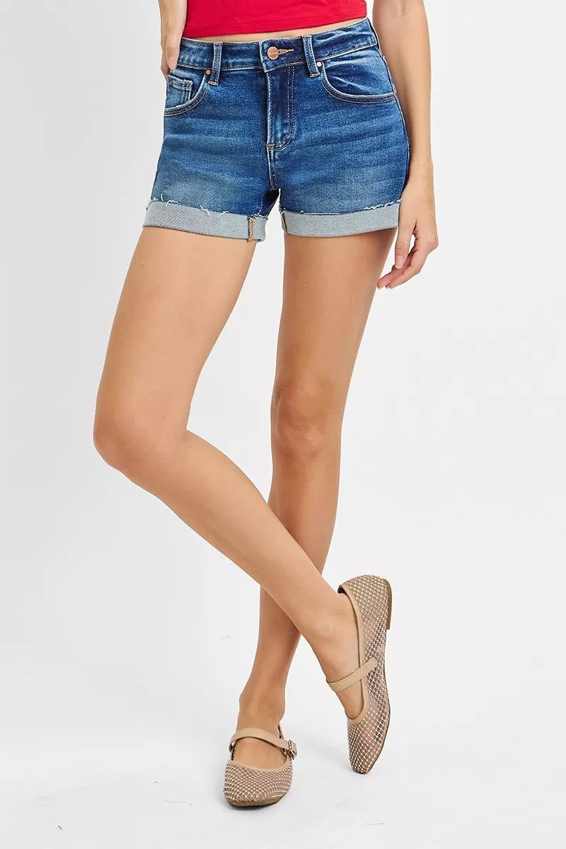 Cuffed low-rise denim shorts with raw hem detail
