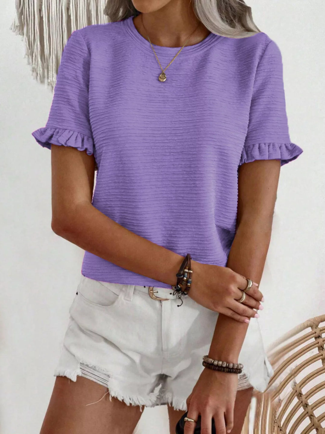 Ruffle-cuff crew neck top with crinkle texture