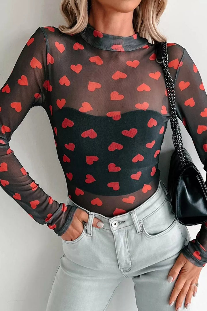 Heart print sheer mesh mock neck long sleeve crop top