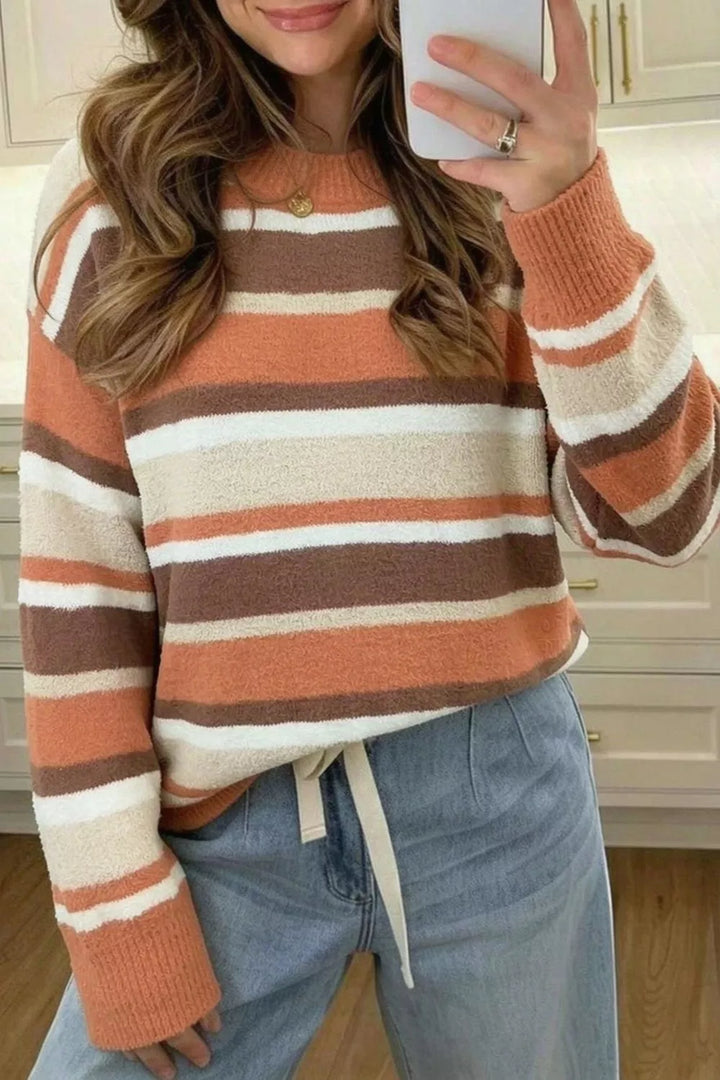 Tangerine Striped drop shoulder mock neck pullover sweater