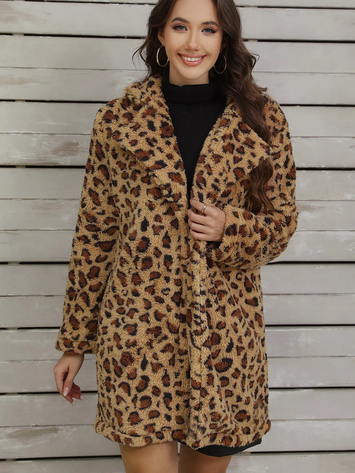 Leopard Leopard print fuzzy teddy coat with lapel collar