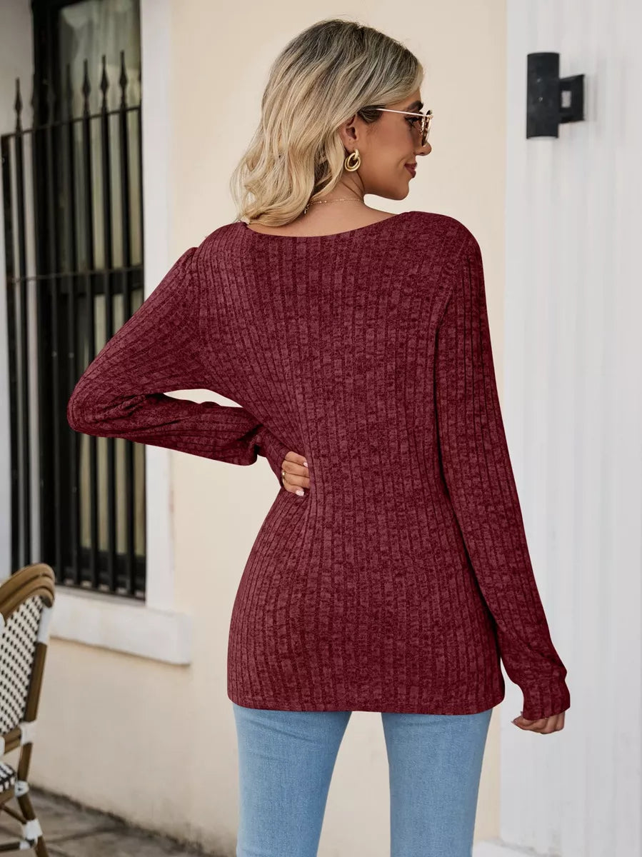 Fitted ribbed square neck long sleeve top
