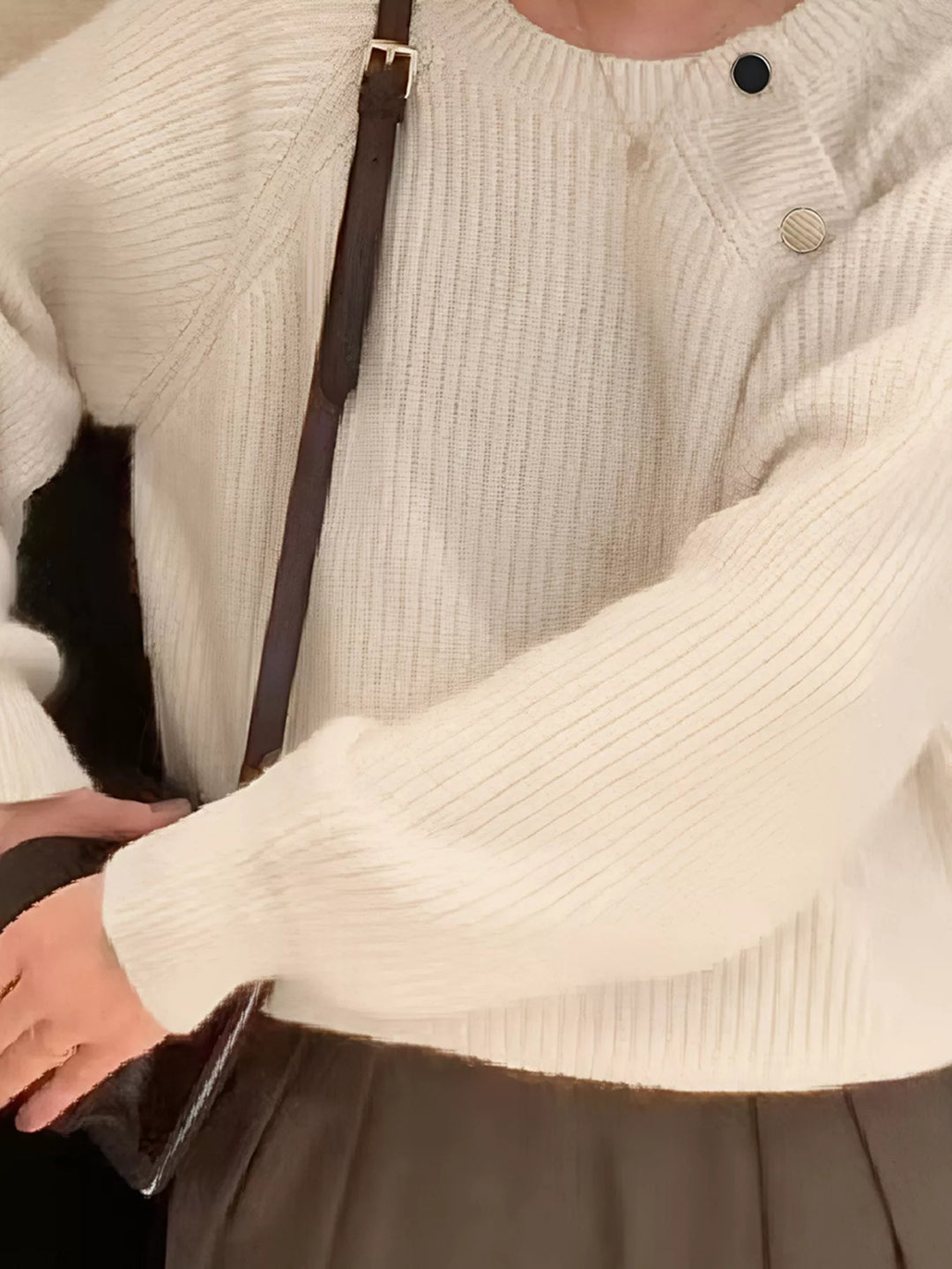 Ivory Ribbed knit round neck sweater with shoulder button detail