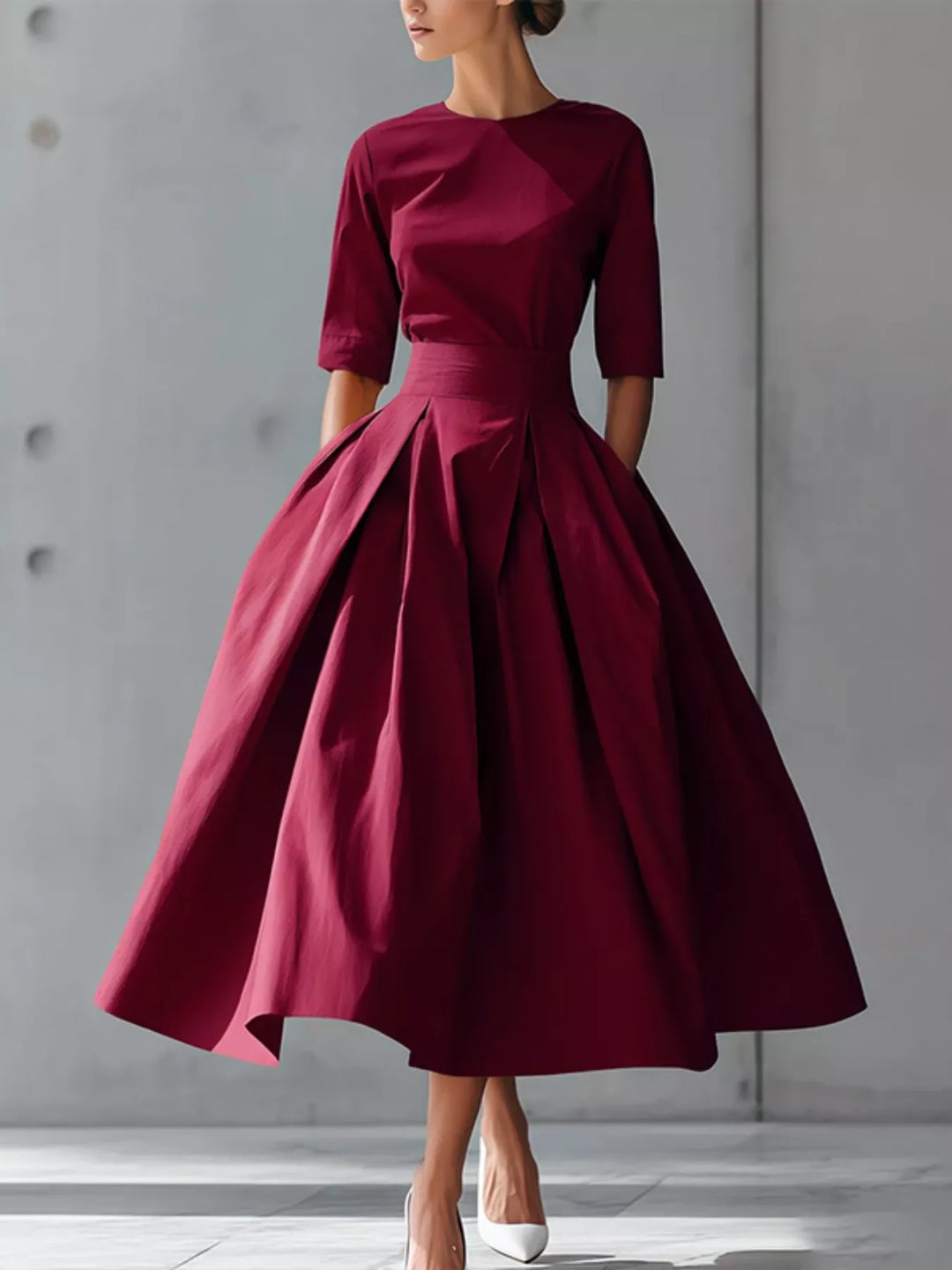 Burgundy A-line pleated midi dress with side pockets