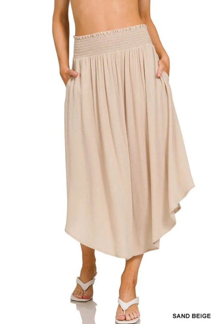 Crinkle smocked-waist high-low maxi skirt with pockets