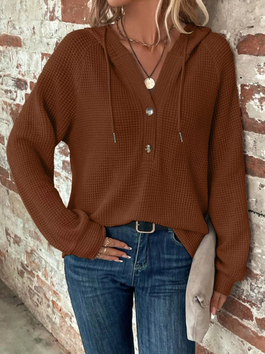 Waffle knit button-front hoodie with drawstring hood