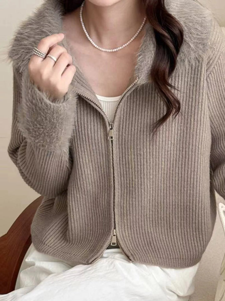 Ribbed knit zip-up cardigan with fluffy faux fur trim