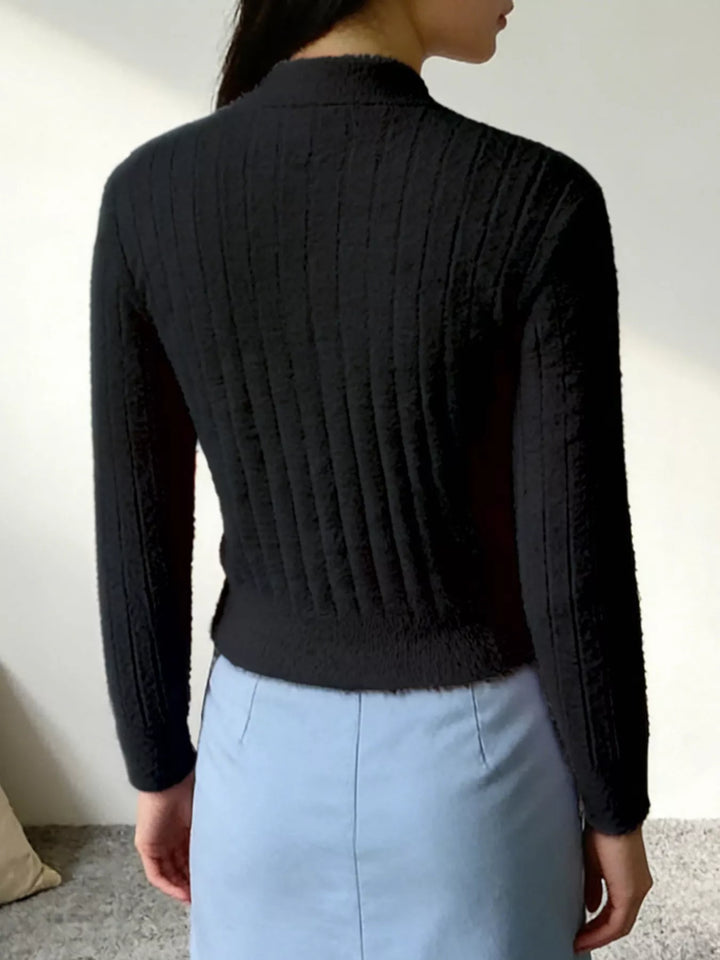 Fuzzy brushed knit button-up cropped cardigan