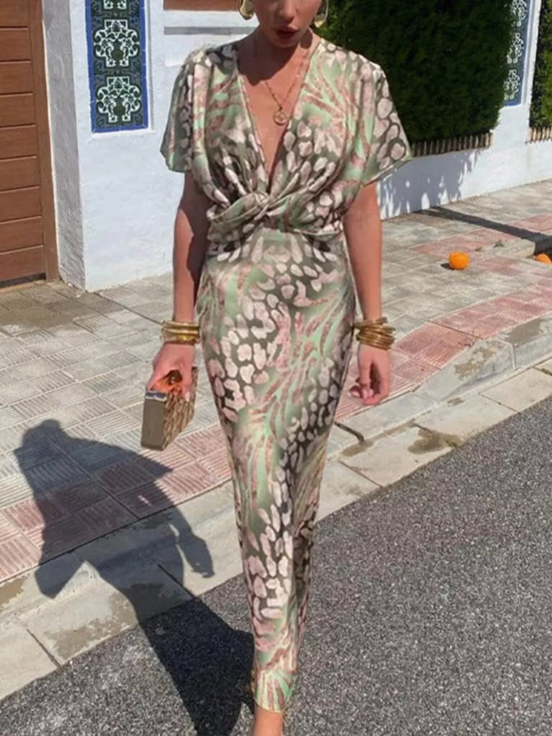 Twist-front animal print V-neck maxi dress
