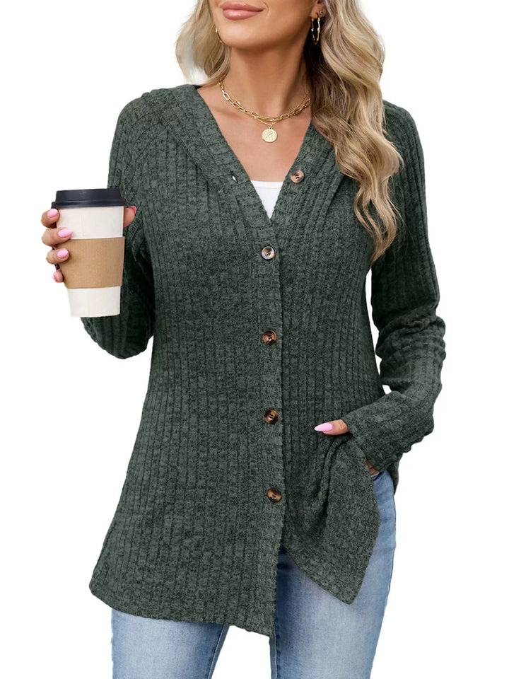 Ribbed knit hooded cardigan with tortoise buttons