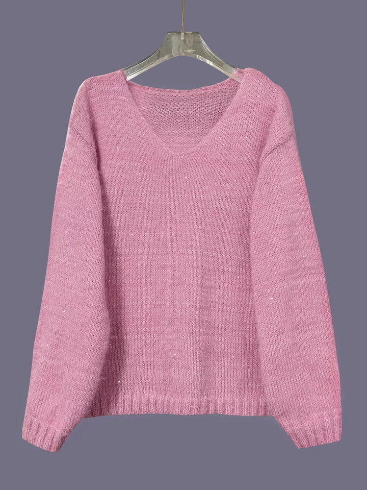 Fuzzy sequin knit V-neck pullover sweater