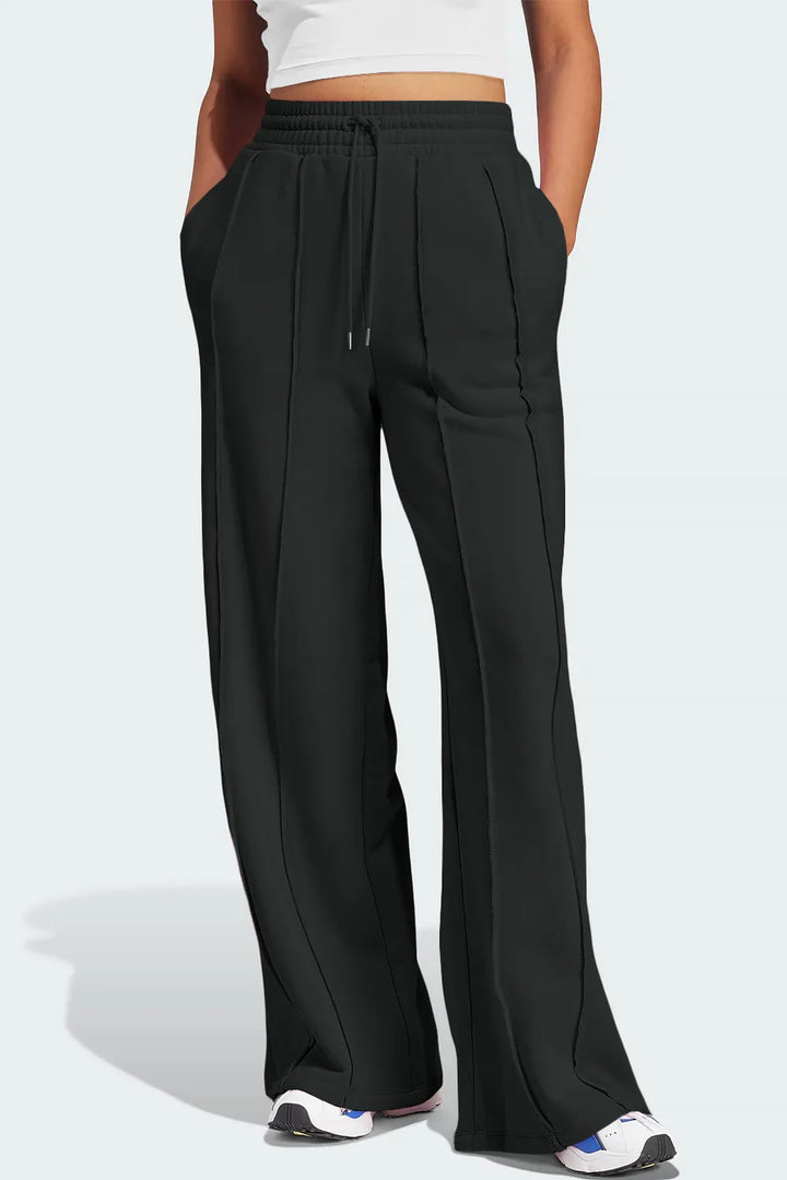 Black Drawstring high-rise wide-leg sweatpants with front seam