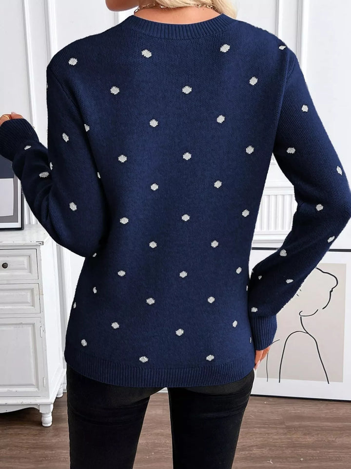 Polka dot knit crew neck pullover sweater