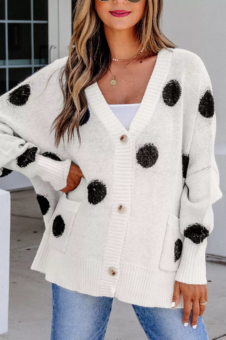 Fuzzy polka dot button-up knit cardigan with pockets