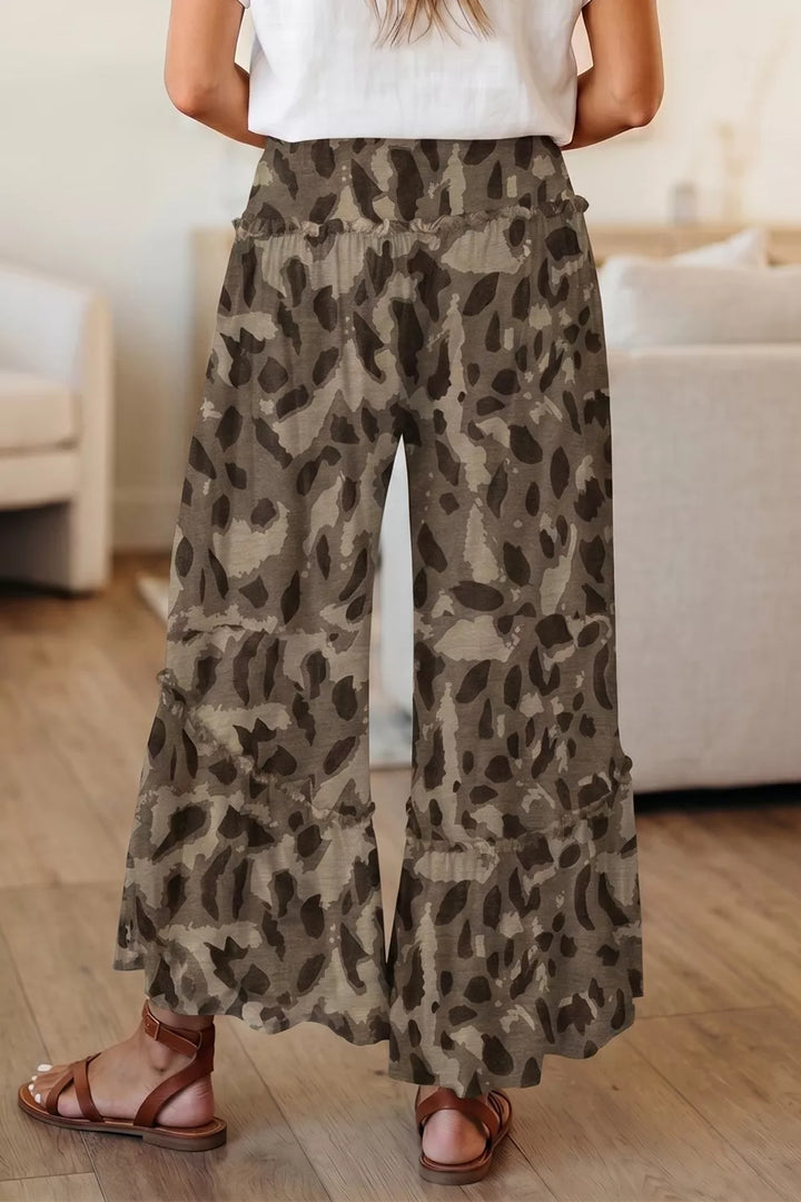 Camo print wide-leg pants with drawstring and ruffled hem