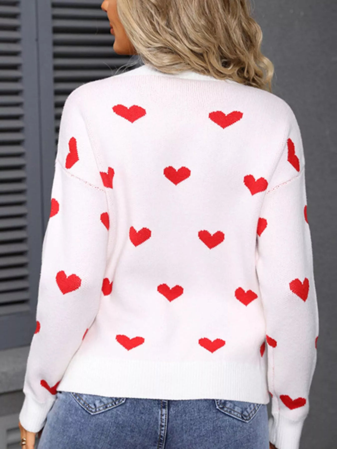 Heart pattern dropped shoulder crew neck sweater