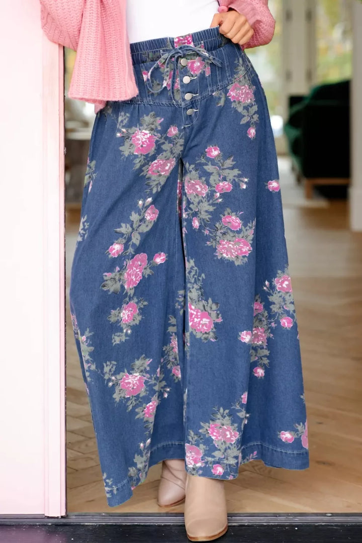 Floral print wide-leg drawstring jeans with button placket