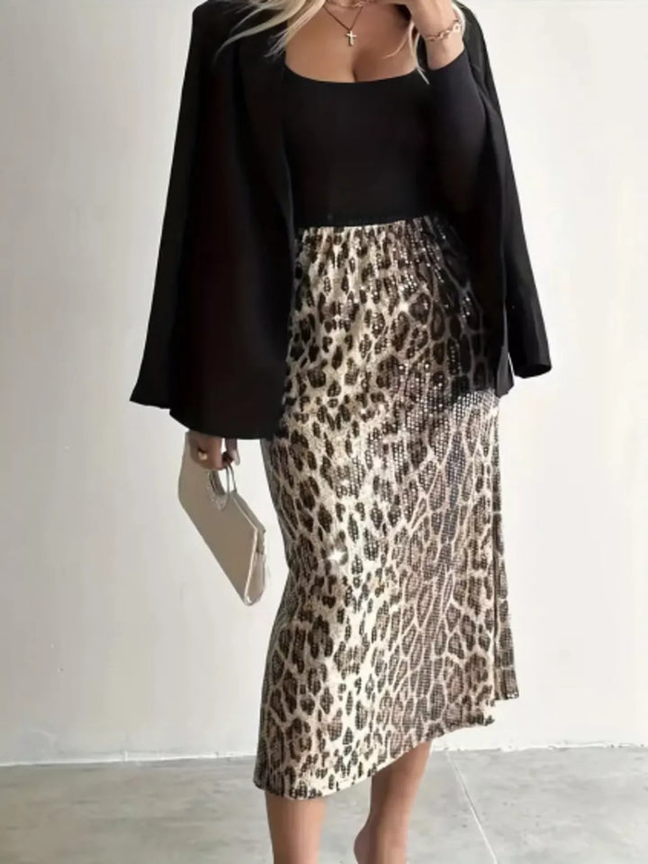 Allover sequin leopard print bodycon midi skirt