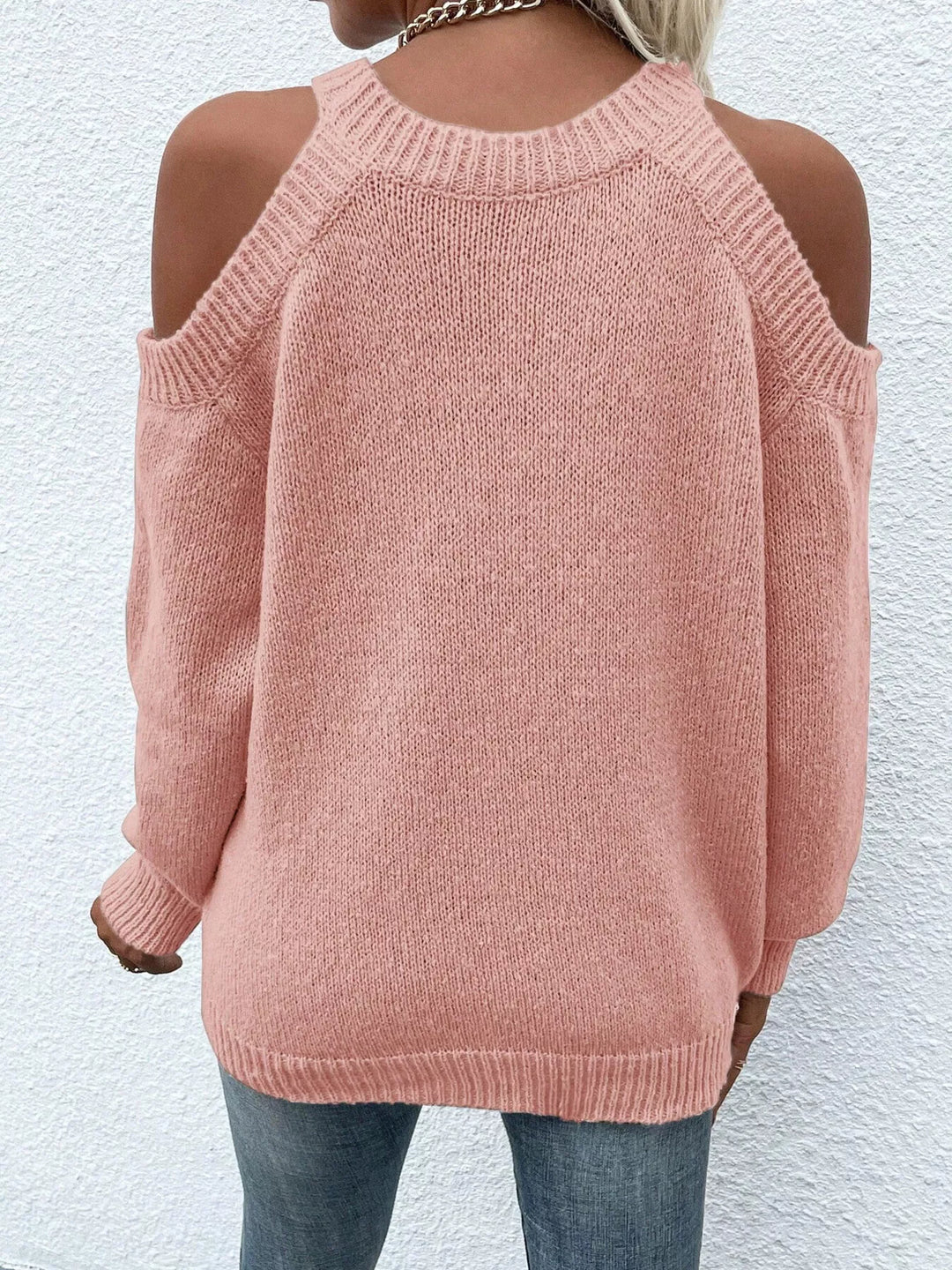 Cold shoulder ribbed knit crew neck sweater