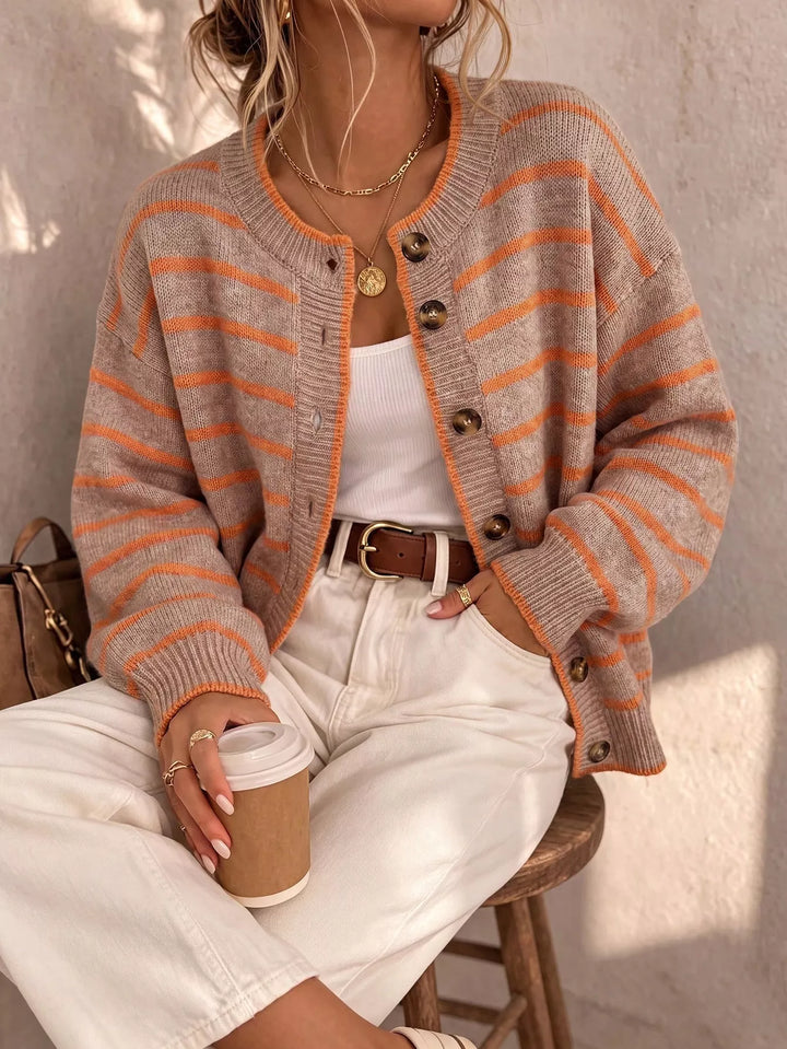 Caramel Striped button-front knit cardigan with contrast trim