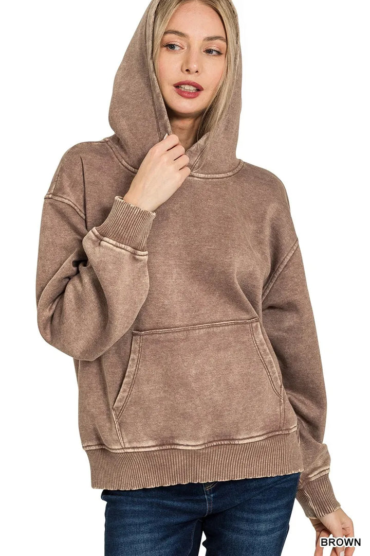BROWN Acid wash fleece pullover hoodie with kangaroo pocket