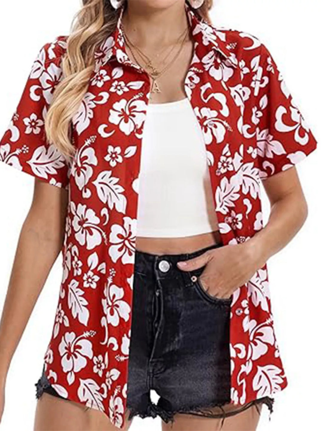 Tropical hibiscus print short sleeve button-up shirt