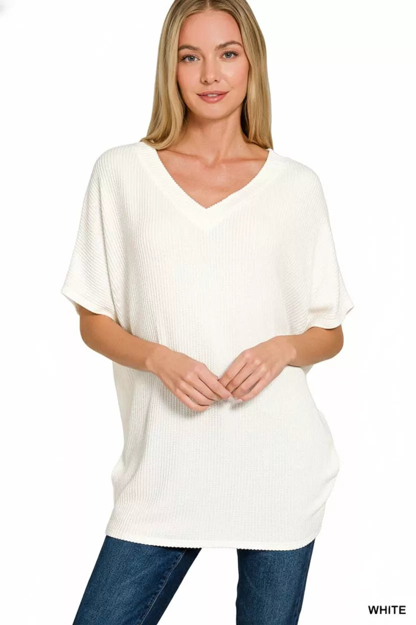 Ribbed knit V-neck batwing top with dolman sleeves