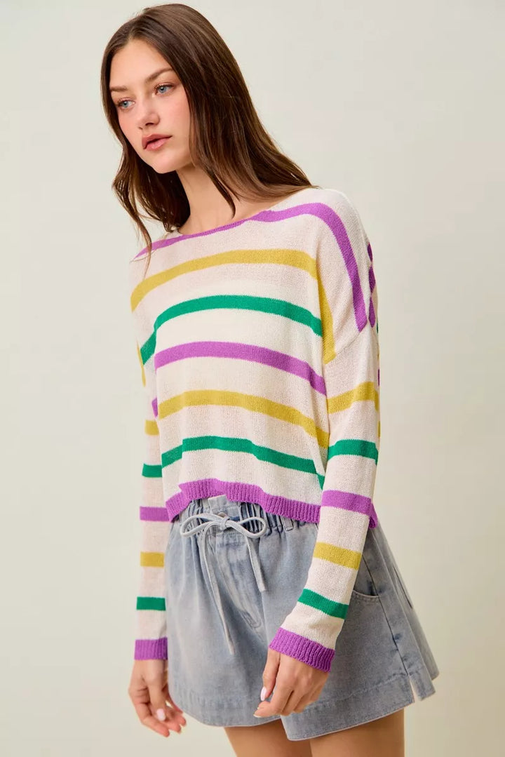 Color stripe lightweight knit sweater with boat neck