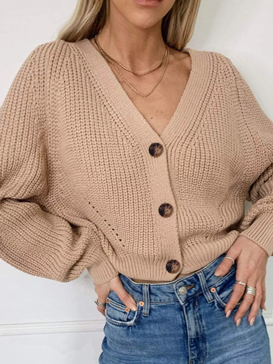 Chunky knit button-down cardigan with tortoiseshell buttons