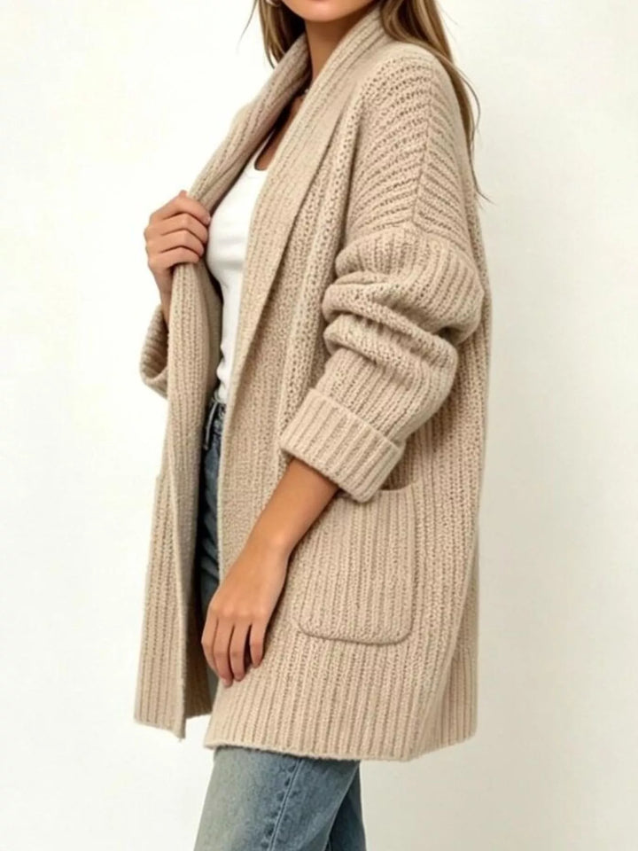 Ribbed open-front cardigan with shawl collar and pockets