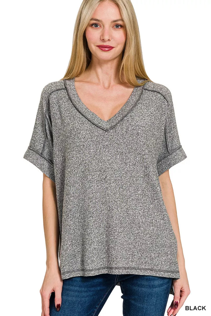 BLACK Melange hacci V-neck tee with exposed seams and hi-low hem