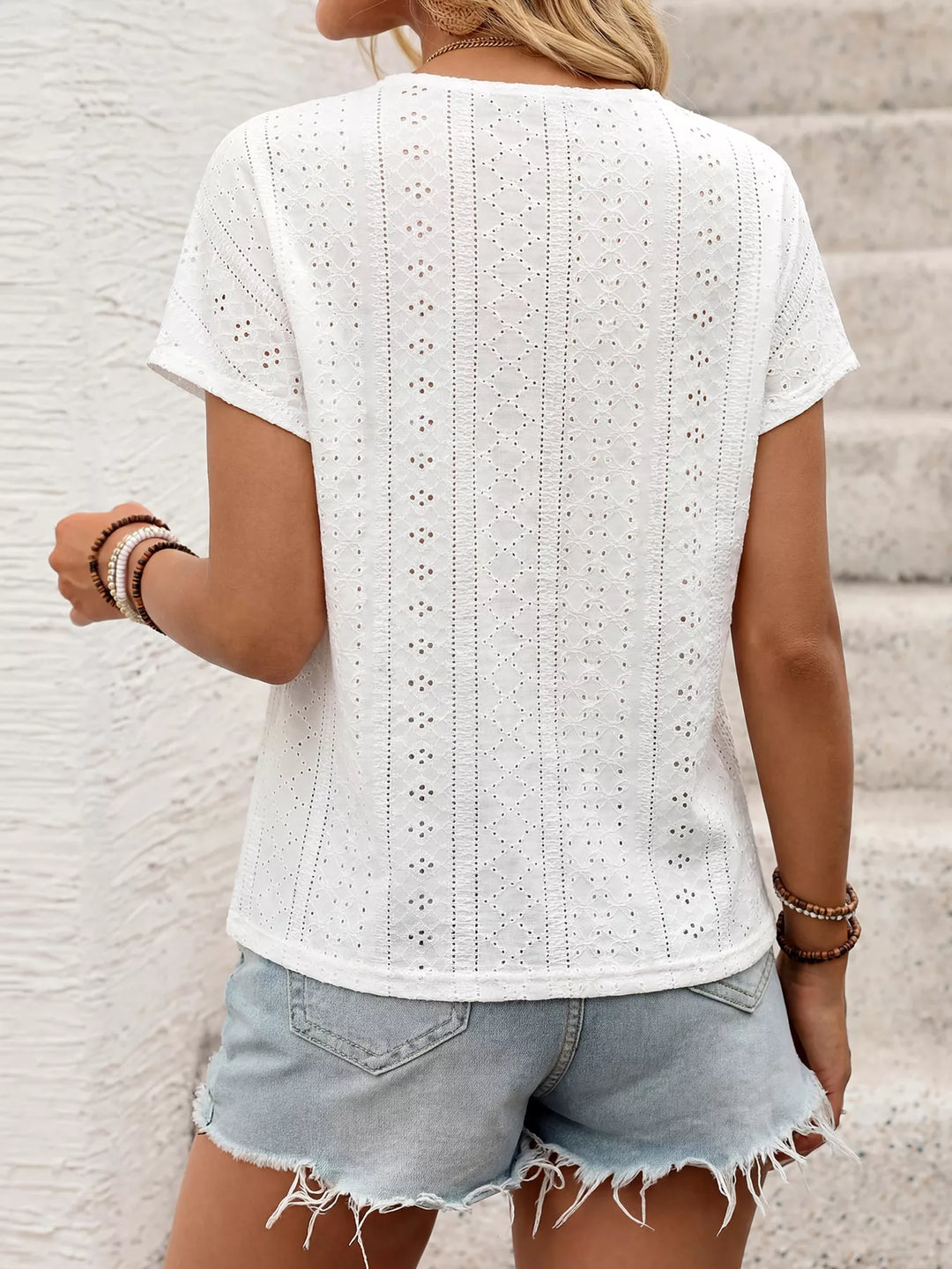 Eyelet V-neck short sleeve top with crochet trim
