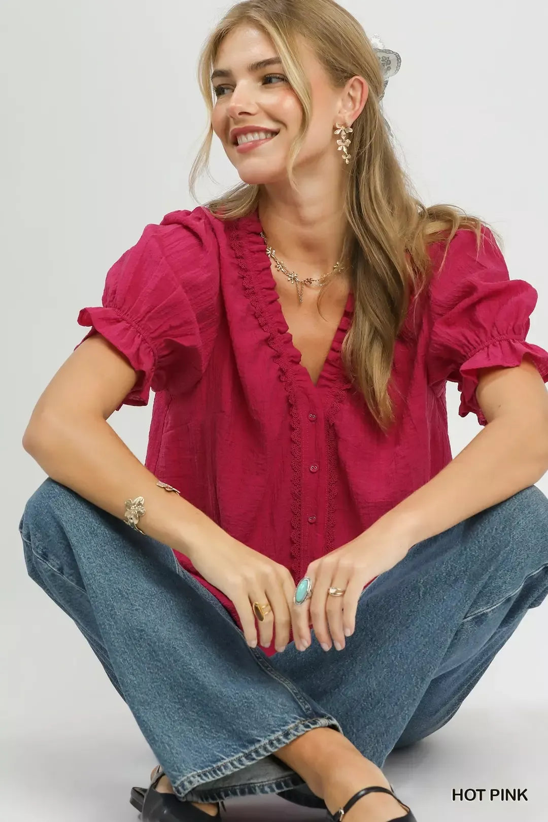 Textured puff sleeve button-front top with crochet lace trim