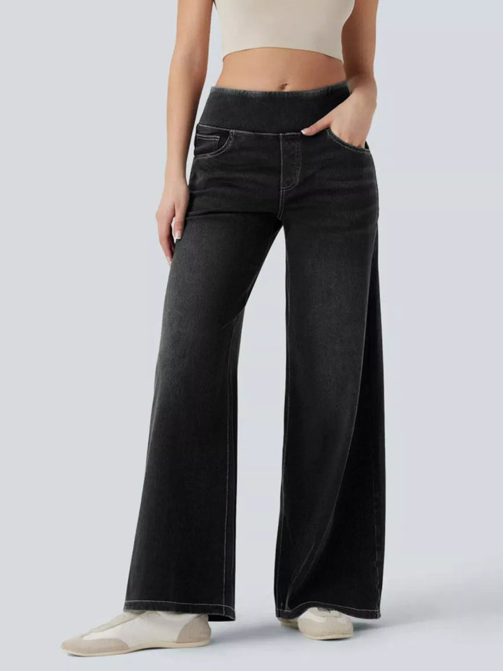 Black High-rise pull-on wide leg jeans with side pockets