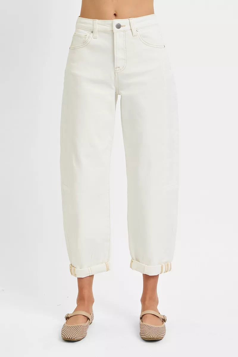 CREAM High-rise barrel-leg cropped jeans with rolled cuffs