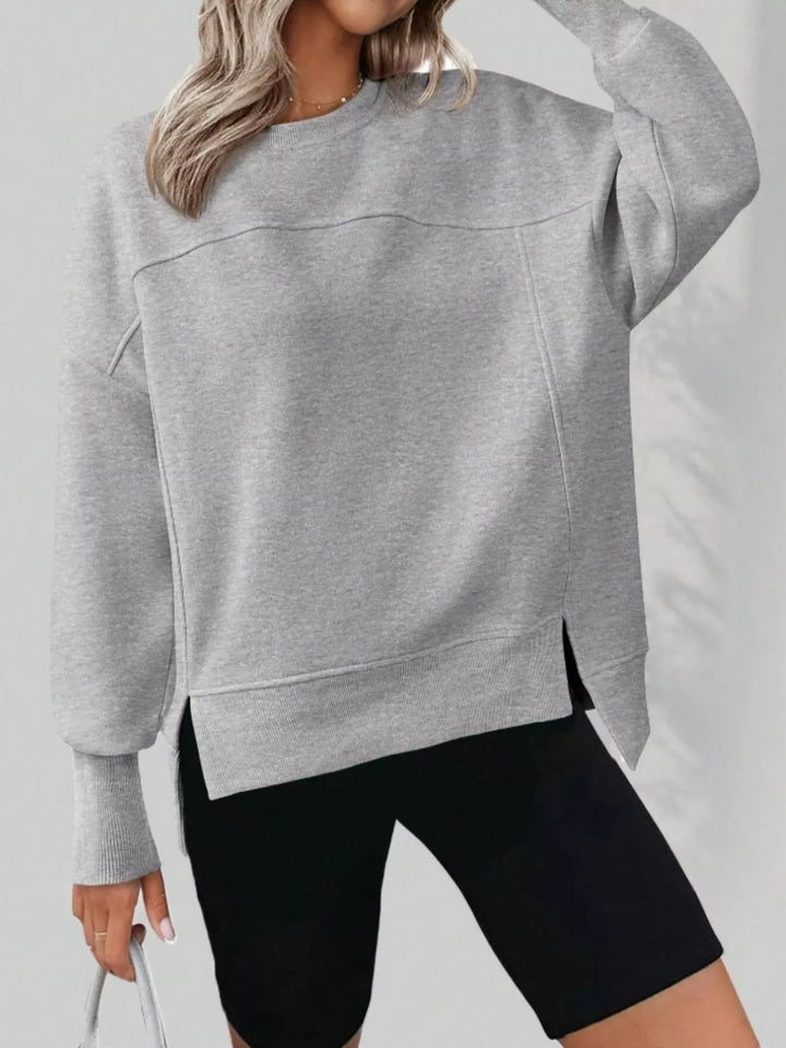 Side slit drop-shoulder relaxed crewneck sweatshirt