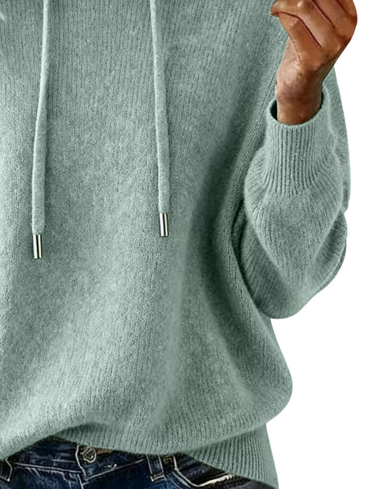 Drawstring hooded knit sweater with ribbed cuffs