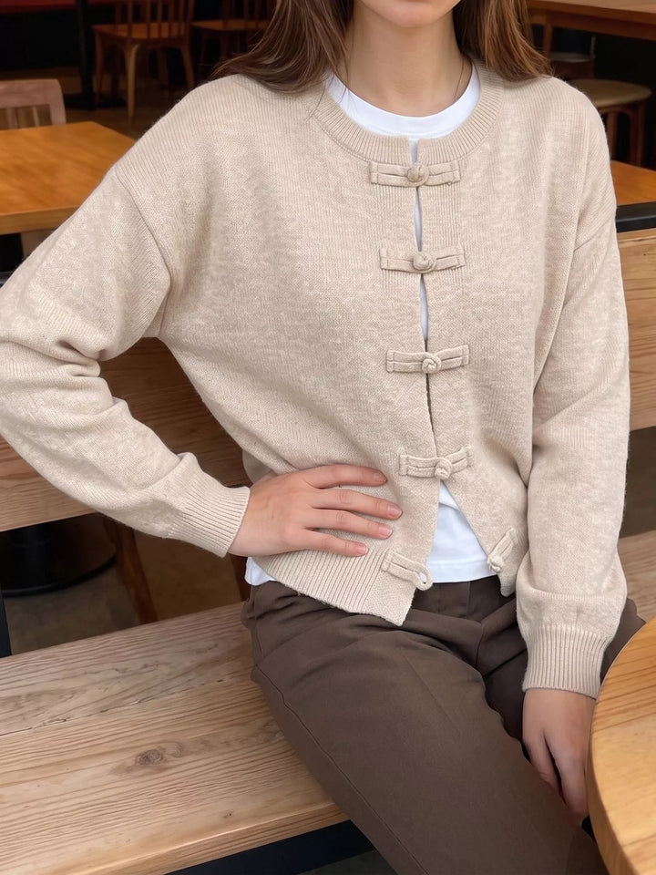 Knot button dropped shoulder knit cardigan