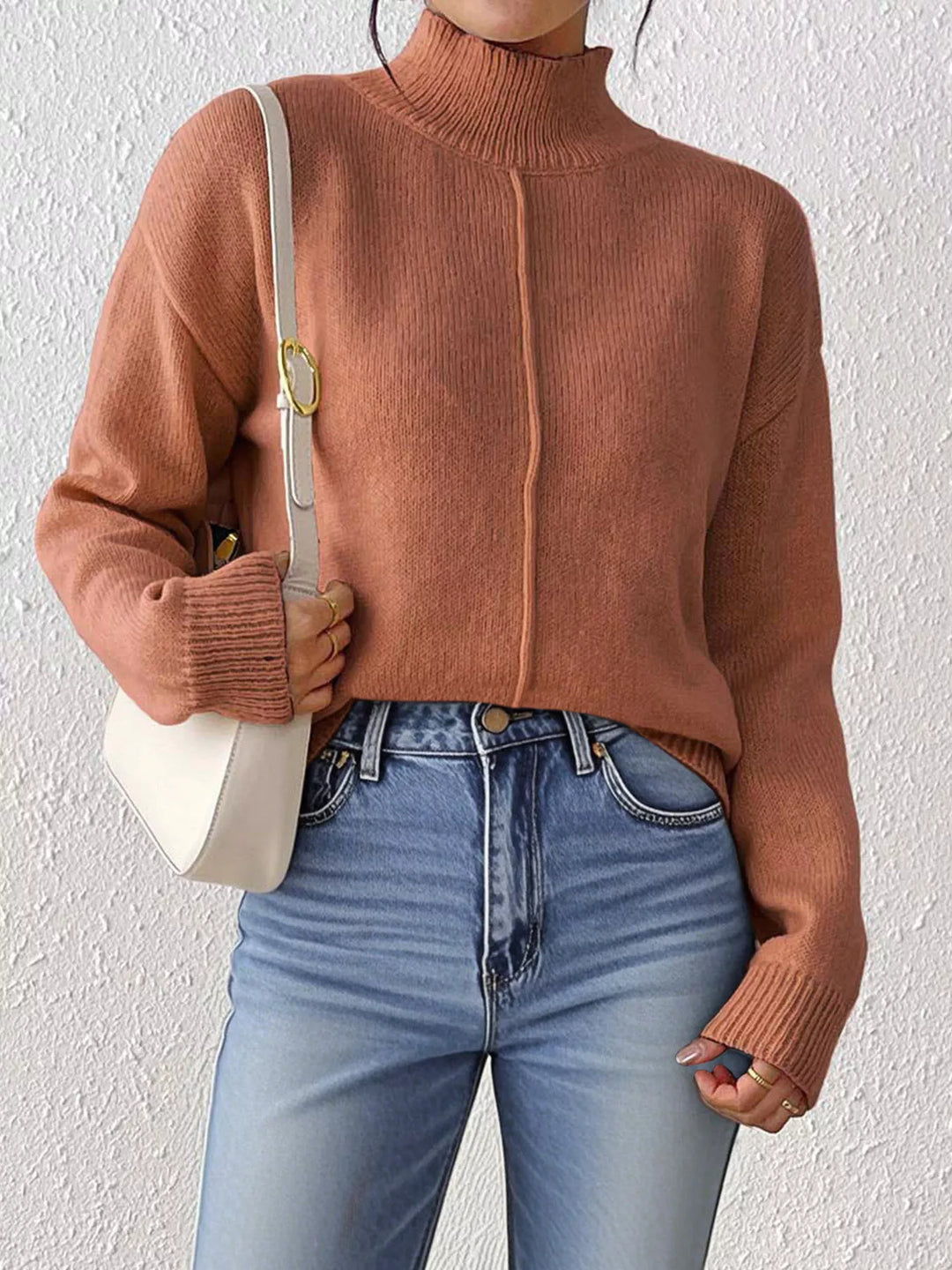 Center seam mock neck knit pullover sweater