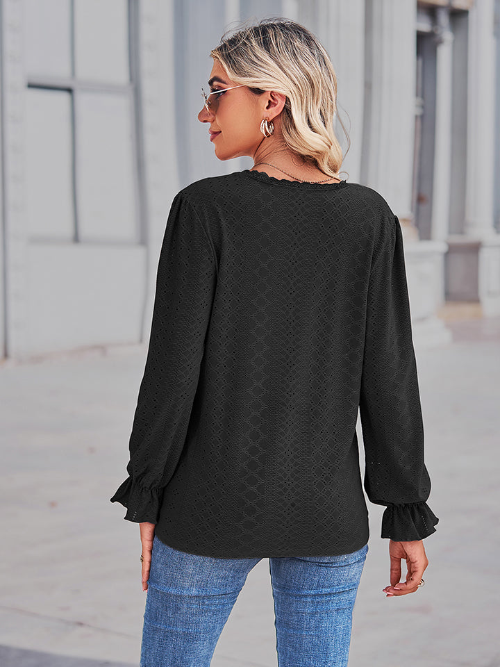 Eyelet openwork V-neck blouse with flounce sleeves