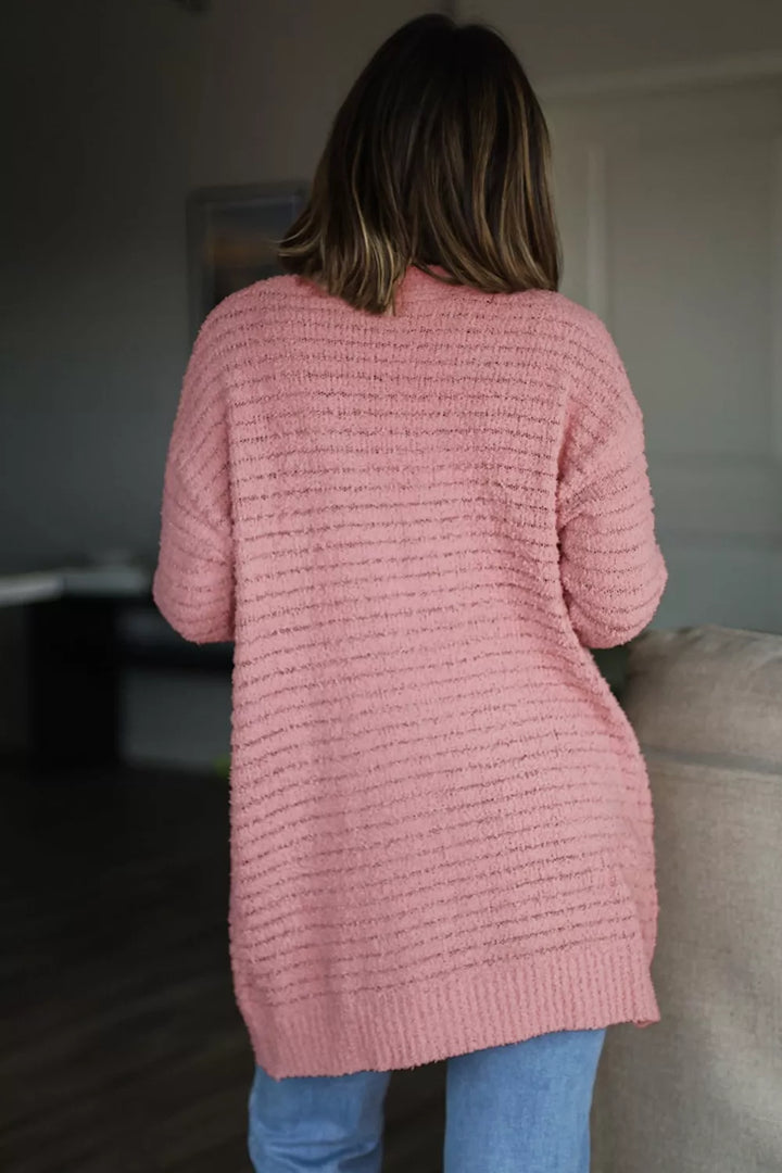 Open front fuzzy ribbed knit cardigan with patch pockets