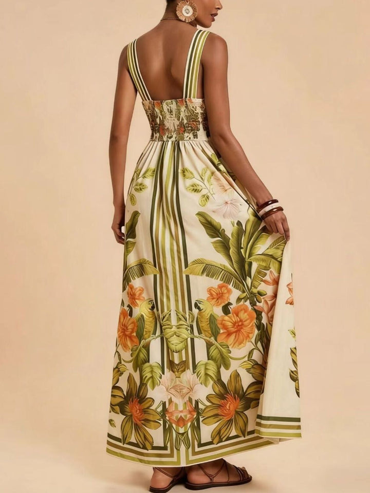 Tropical floral V-neck maxi dress with striped trim and smocked back