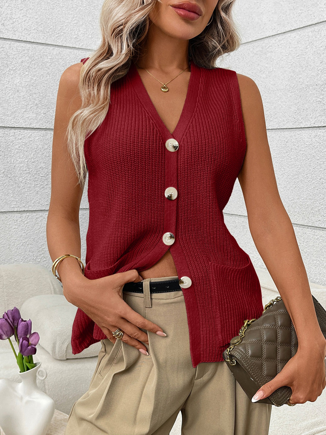 Burgundy Ribbed knit button-down sweater vest with front pockets