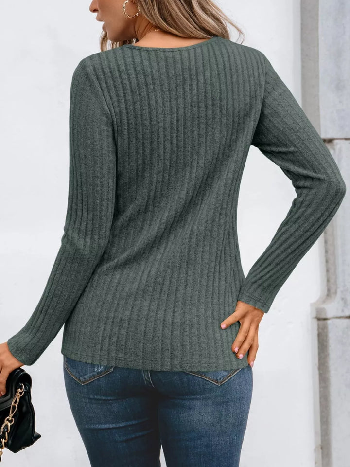 Ribbed knit long sleeve top with lace yoke