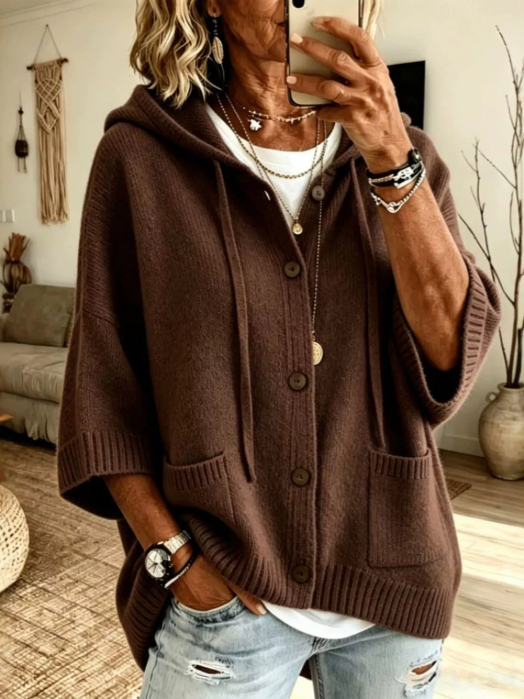 Dark Brown Hooded button-down knit cardigan with patch pockets
