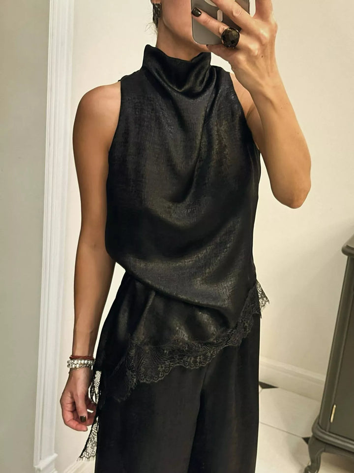 Asymmetric lace-hem satin cami with high cowl neck