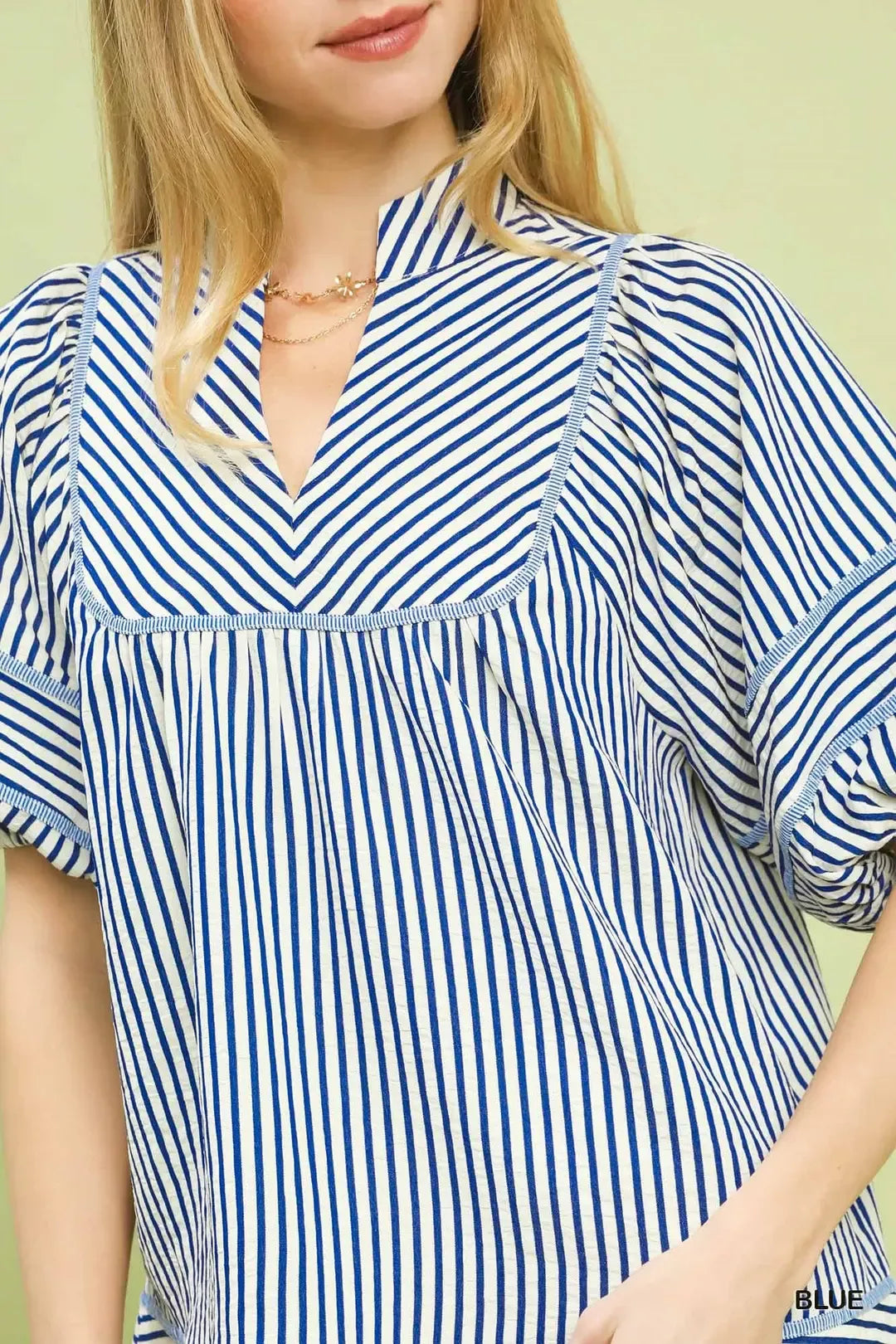 Striped puff sleeve babydoll top with split V-neck