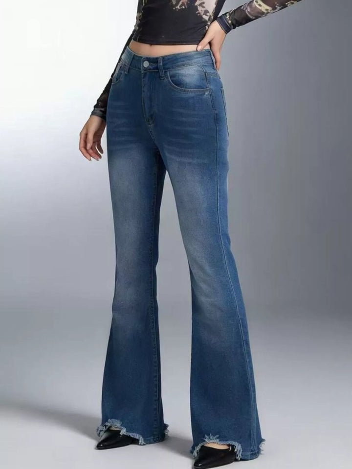 Raw hem high-rise flare jeans with whiskered wash