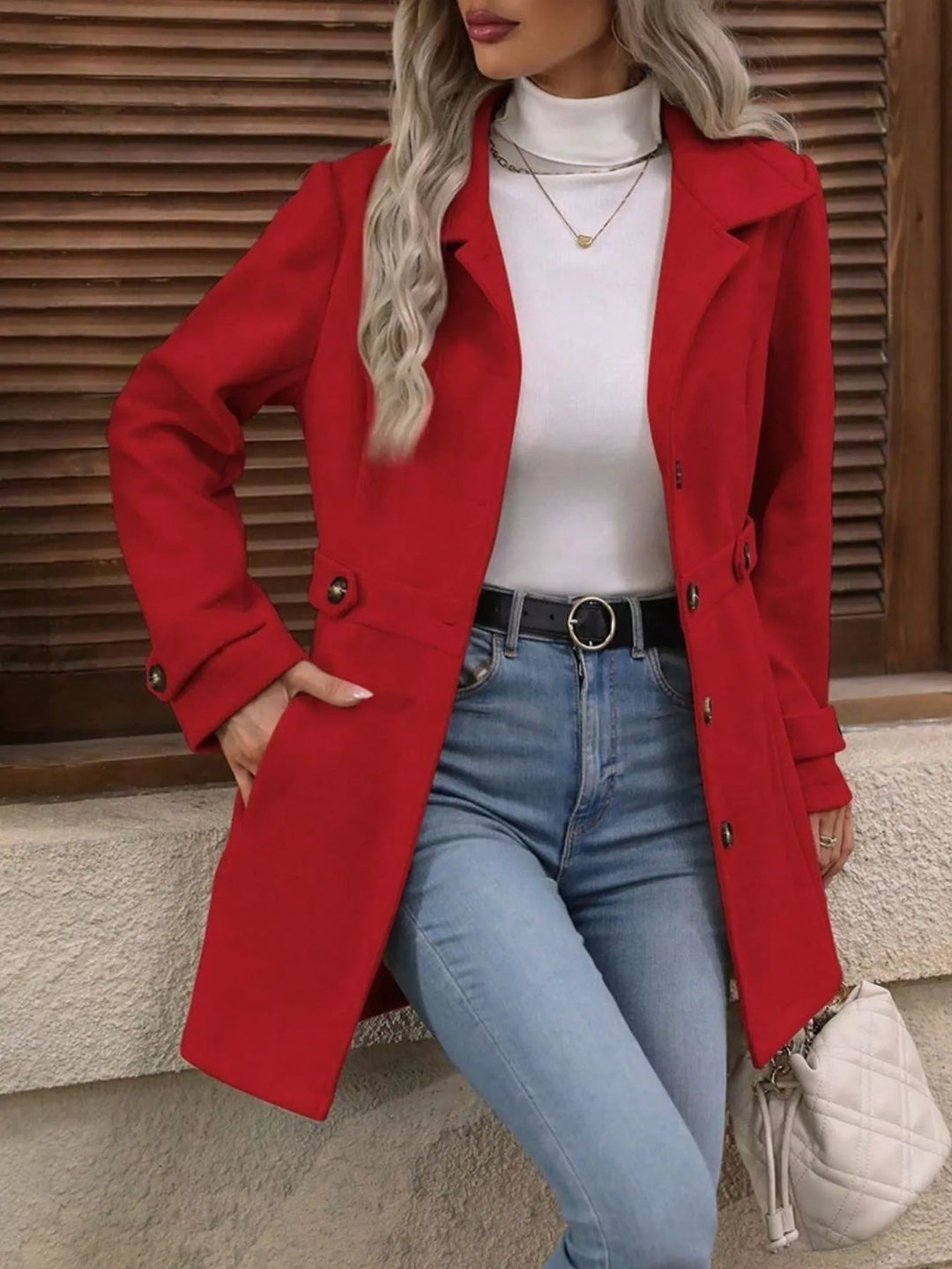 Red Notched lapel button-up coat with waist tabs