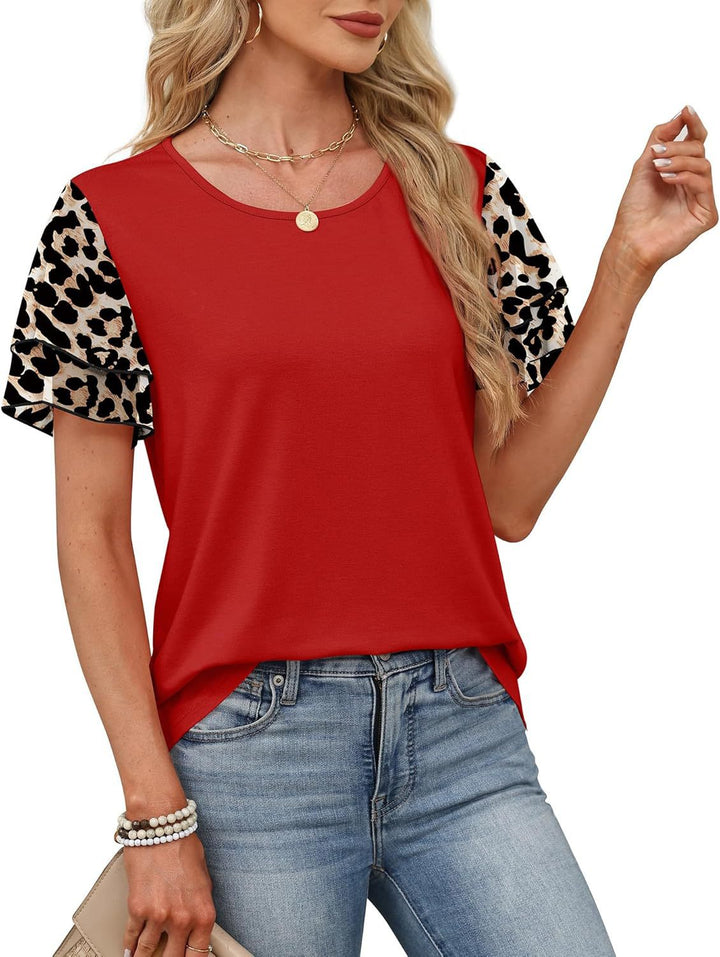 Layered leopard ruffle sleeve round neck top